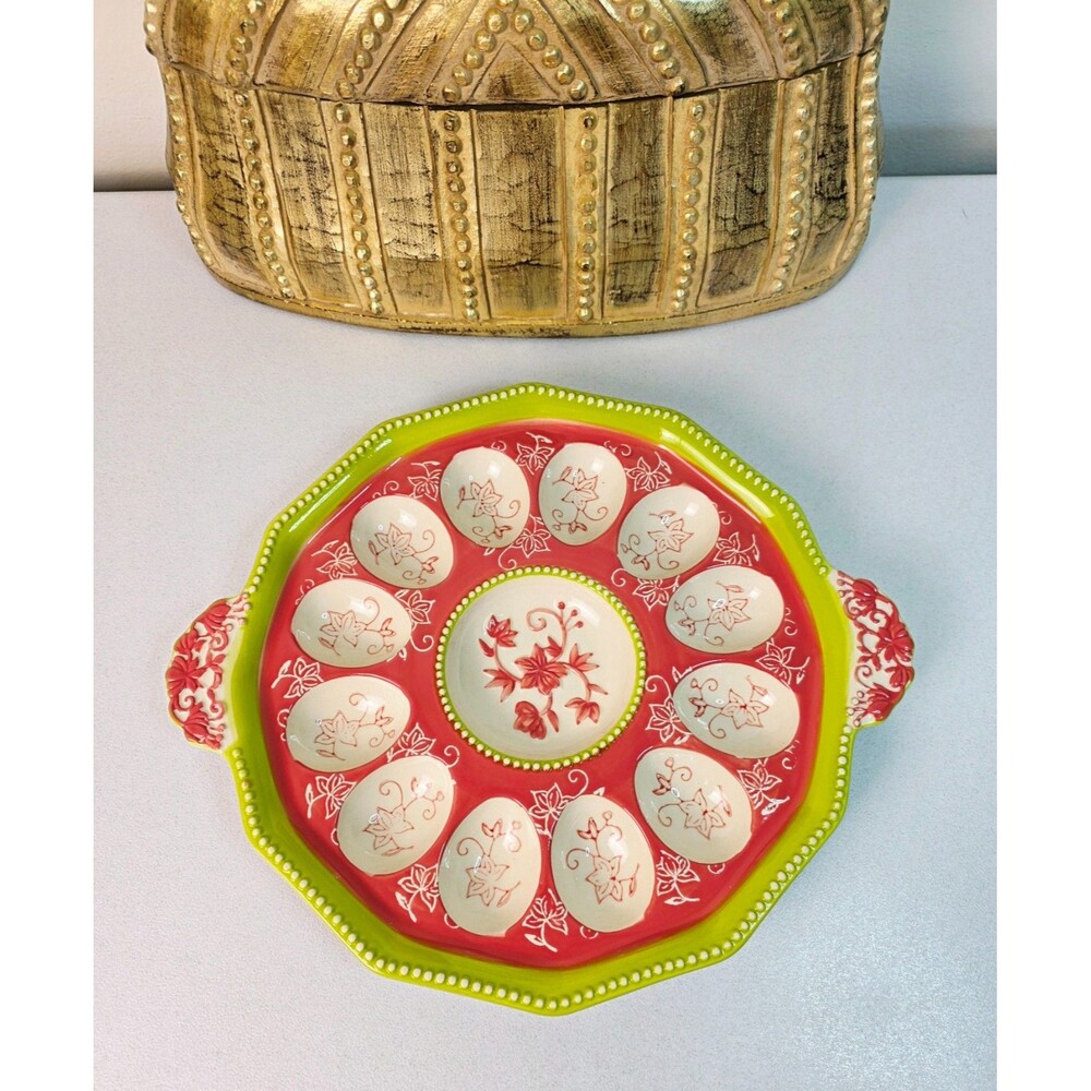 Rare TEMP-TATIONS Deviled Egg Platter Tray-Spring Pink & Lime Green Floral Lace